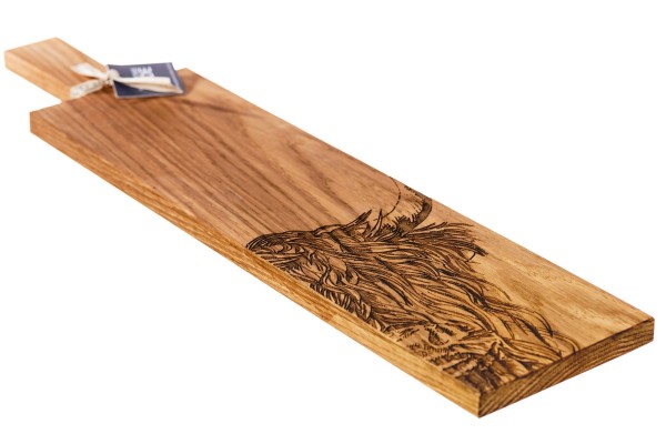 Langes Servierbrett aus Eiche mit Griff, Motiv Hochlandrind