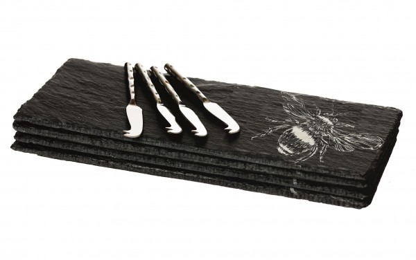 Kleine Käseplatten aus Schiefer & Käsemesser | 4er-Set