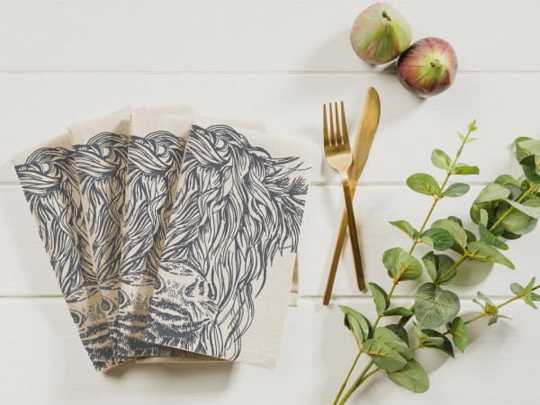 Servietten | Motiv Highland Cow, 50% Leinen / 50% Baumwolle