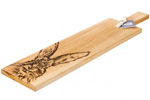 Langes Servierbrett aus Eiche mit Griff, Motiv Hase