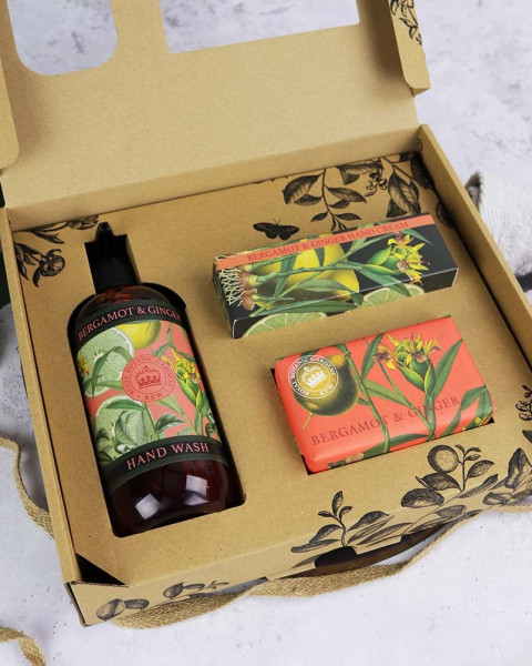 Kew Gardens Handpflege-Set | Bergamotte & Ingwer | 240 g Seifenstück, 500 ml Flüssigseife, Handcreme