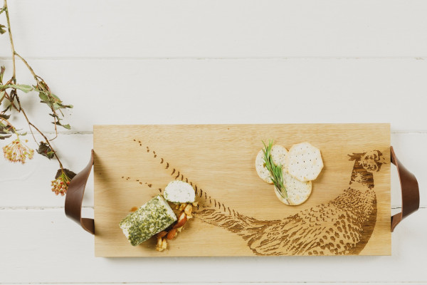 Fasan | Servierbrett aus Eiche mit Ledergriffen