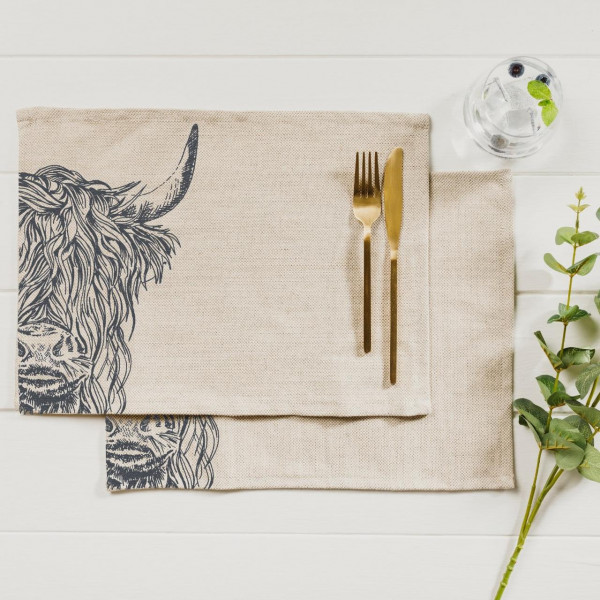 2er - Tischset | Motiv Highland Cow, 50% Leinen / 50% Baumwolle