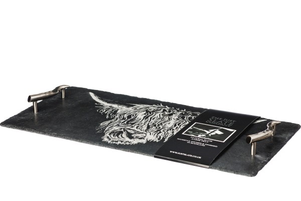 große Servierplatte aus Schiefer, Motiv Hochland Rind, mit Präsent-Banderole