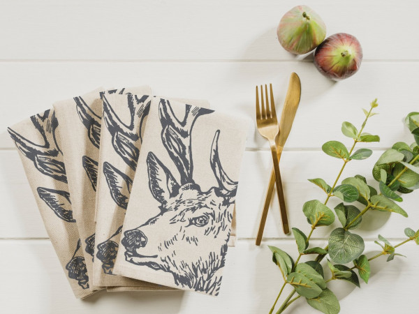 Serviettenset | Motiv Hirsch, 50% Leinen / 50% Baumwolle