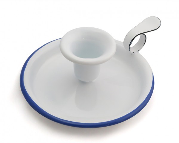 Emaille-Kerzenhalter weiß, mit blauem Rand
