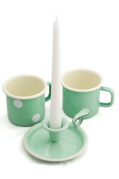 Emaille-Kerzenhalter mingrün mit Tassen
