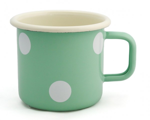 Emailletasse mintgrün mit weißen Punkten