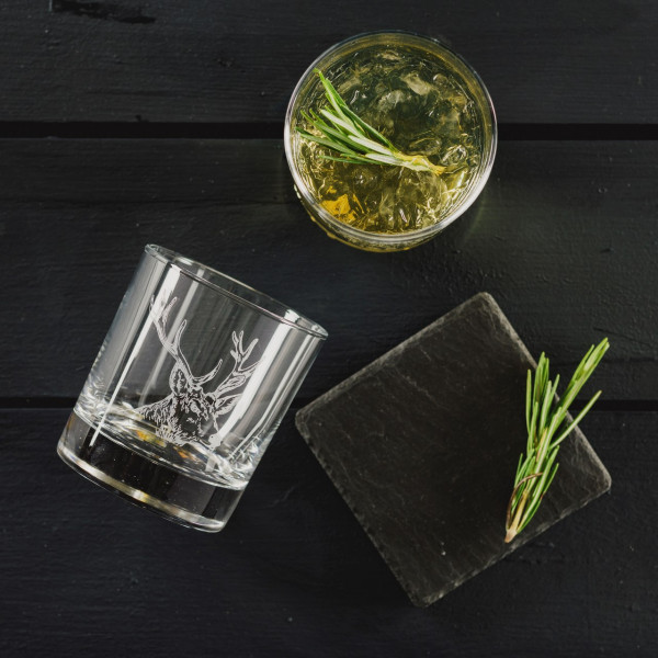Glastumbler Motiv Hirsch mit Untersetzer aus Schiefer