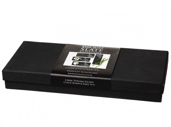 4er-Set Mini-Schiefer-Käseplatte mit Gravur Biene, incl. 4 kleine Käsemesser in hochwertiger Präsentbox